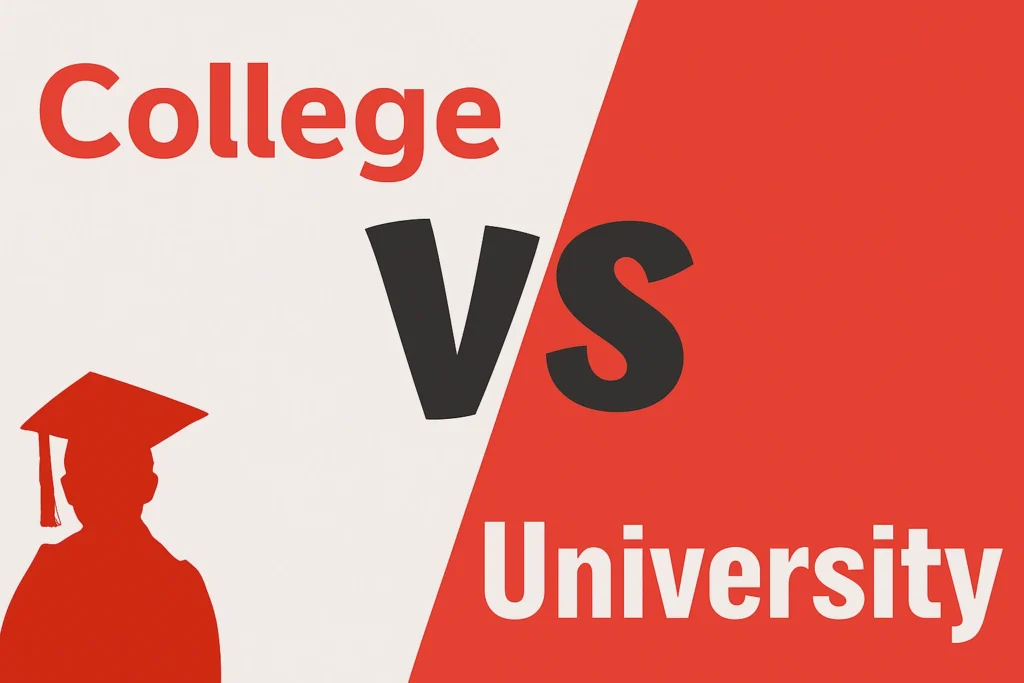 Illustratie met de tekst “College vs University” in de huisstijlkleuren van Made Scholarships, symboliserend het verschil tussen Amerikaanse colleges en universiteiten.