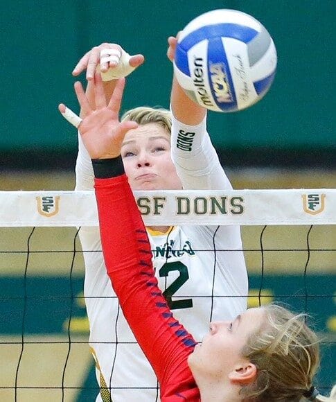 dominate at the net just like Marjolijn Made Scholarships athlete Marjolijn Oskam executes a powerful block at the net for her team, the University of San Francisco (USF).
