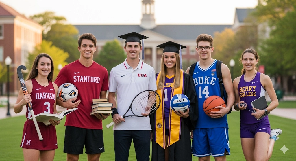 Groep studenten-atleten in sporttenue en toga op een universiteitscampus, symbool voor het combineren van studie en topsport – Made Scholarships webinar inschrijving bevestigd.