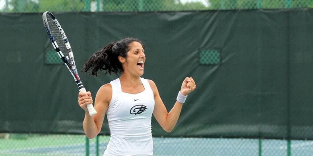 Made Scholarships' most successful player, Valeria Podda, celebrates a victory for Georgia Gwinnett College's dominant NAIA team.
