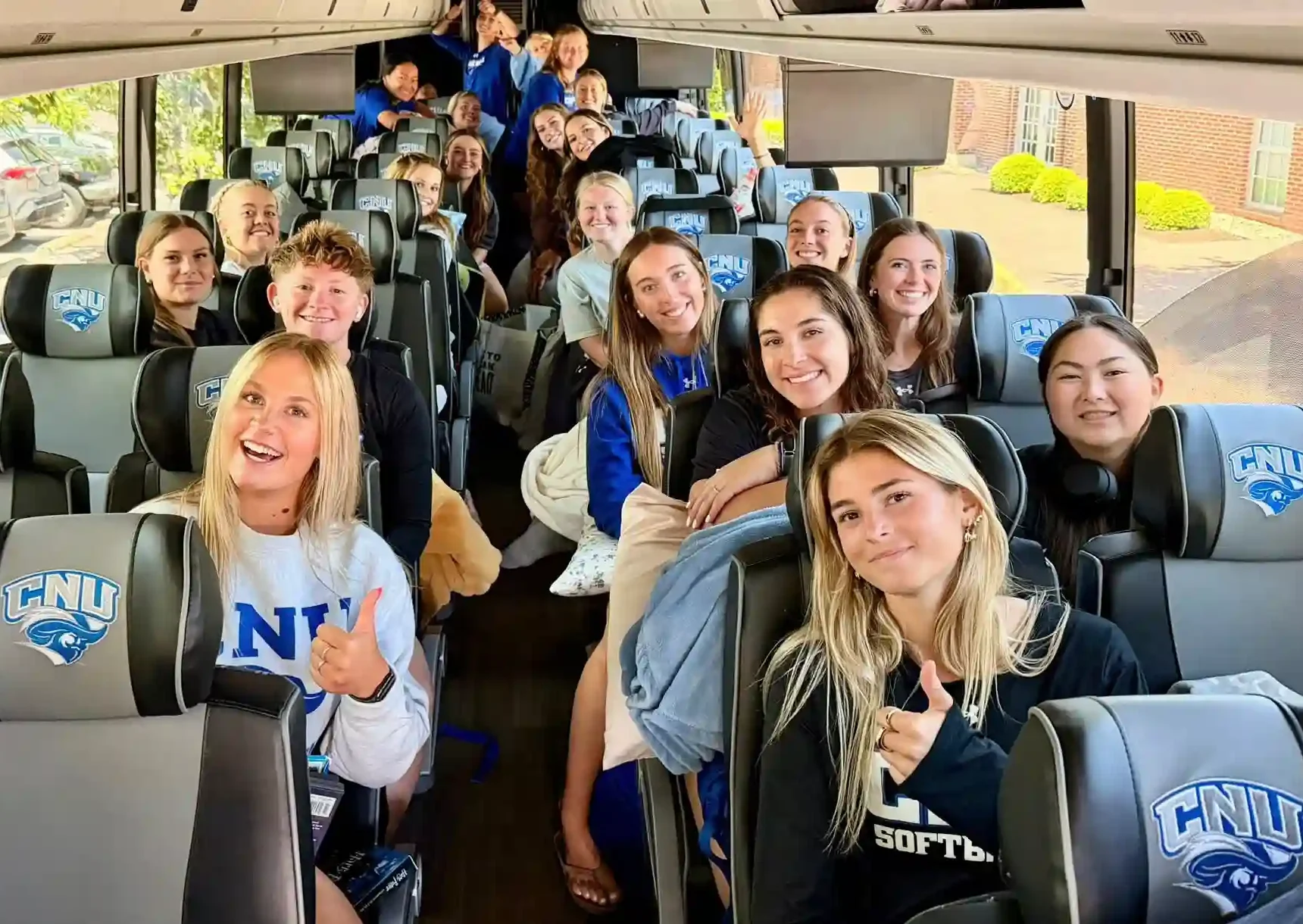 Traveling through America as a college softball team College softball team of CNU traveling together by team bus to an away game in America