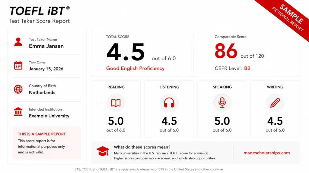 Fictief voorbeeld van een officieel TOEFL-scorerapport met een voldoende score voor Amerikaanse universiteitstoelating