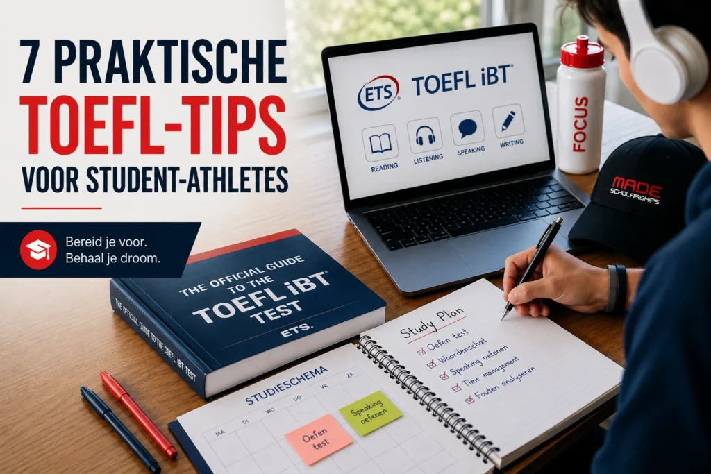 Student-athlete bereidt zich voor op het TOEFL-examen met een laptop, studieboek en studieplan