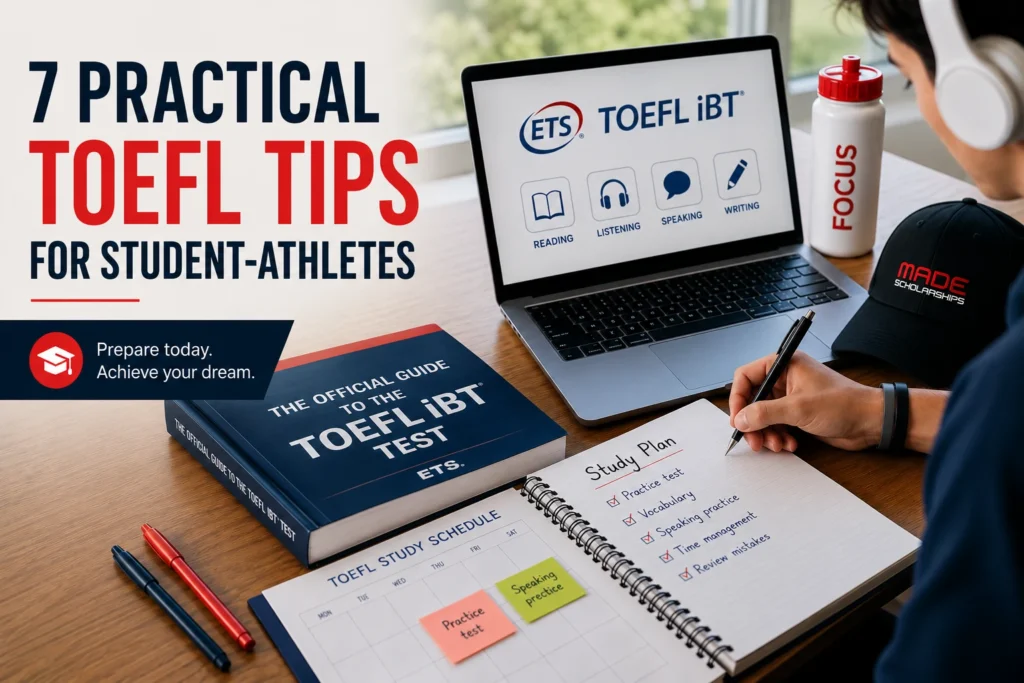 Student-athlete preparing for the TOEFL test with a laptop, study guide and study plan