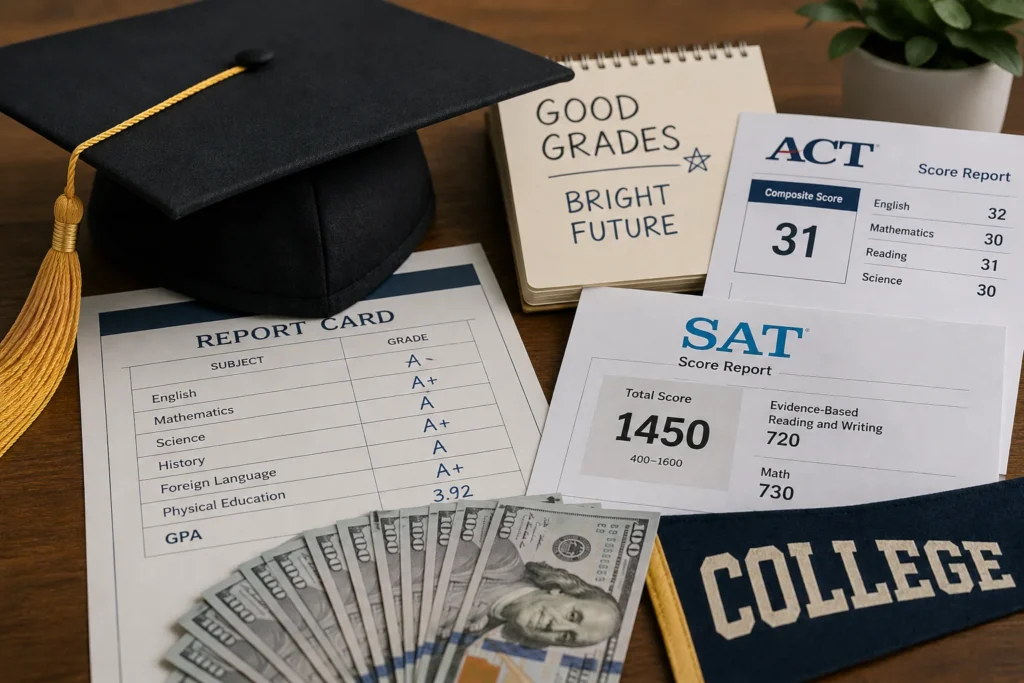 Graduation cap with dollars, strong grades and SAT or ACT test scores for an academic scholarship in the U.S.