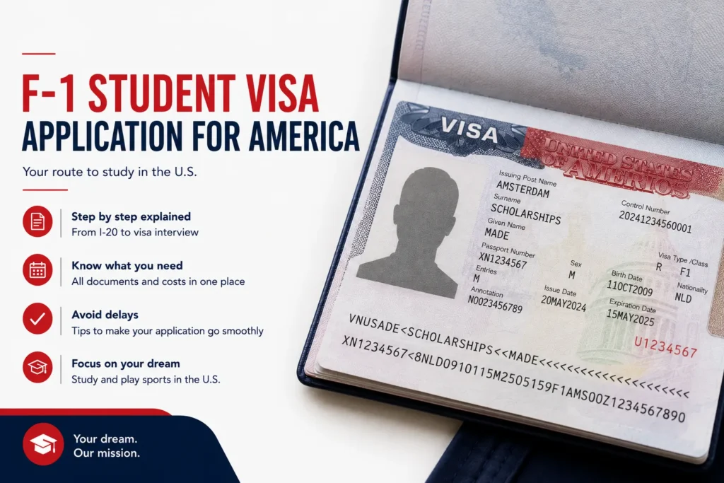 Infographic explaining how to apply for an F-1 student visa to study in the U.S.