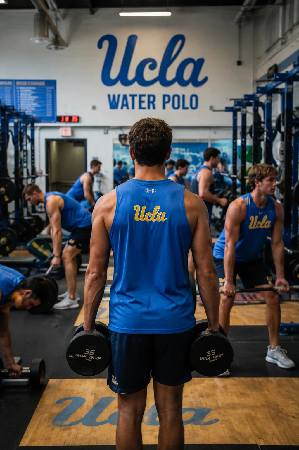 UCLA herenwaterpolo team tijdens krachttraining Herenwaterpoloërs van UCLA tijdens een krachttraining in de fitnessruimte van de universiteit.